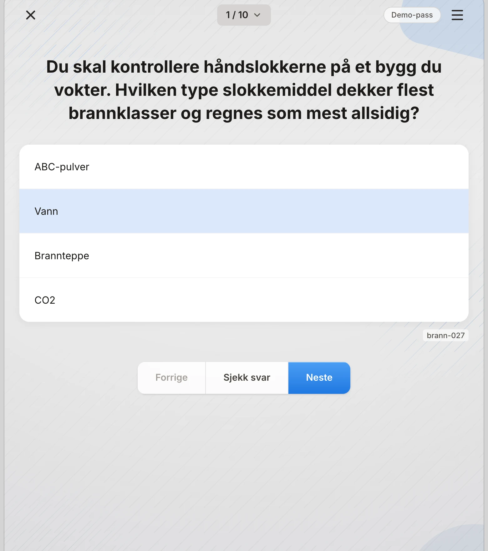 Prøveflaten i Vekterteori-portalen: spørsmål med svaralternativer